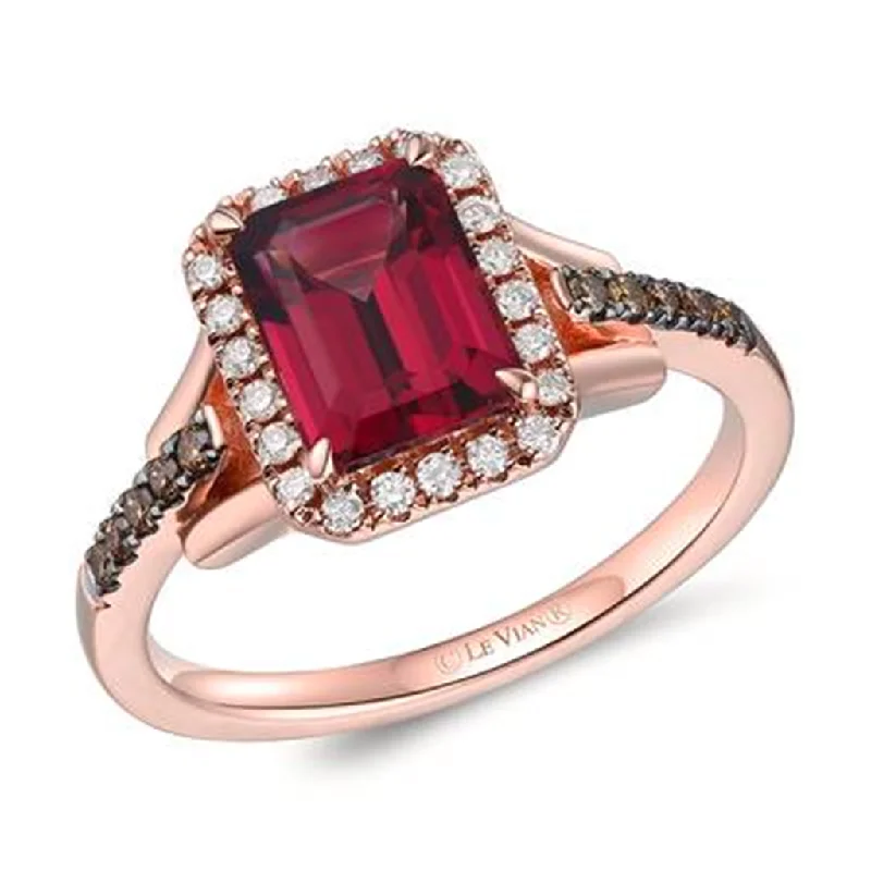 Bold statement jade engagement rings for women -14K Rose Gold 2.05ctw Emerald Cut Rhodolite Garnet & Chocolate Diamond Halo Ring by Le Vian