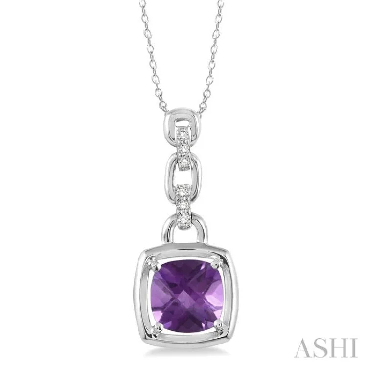 Delicate silver heart necklaces for women -8x8MM Cushion Checker Amethyst and 1/20 Ctw Single Cut Diamond Pendant in Sterling Silver with Chain