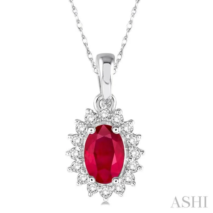 Classic gold lariat necklaces for ladies -1/8 Ctw Round Cut Diamond and Oval Cut 6x4mm Ruby Center Sunflower Precious Pendant in 10K White Gold with chain