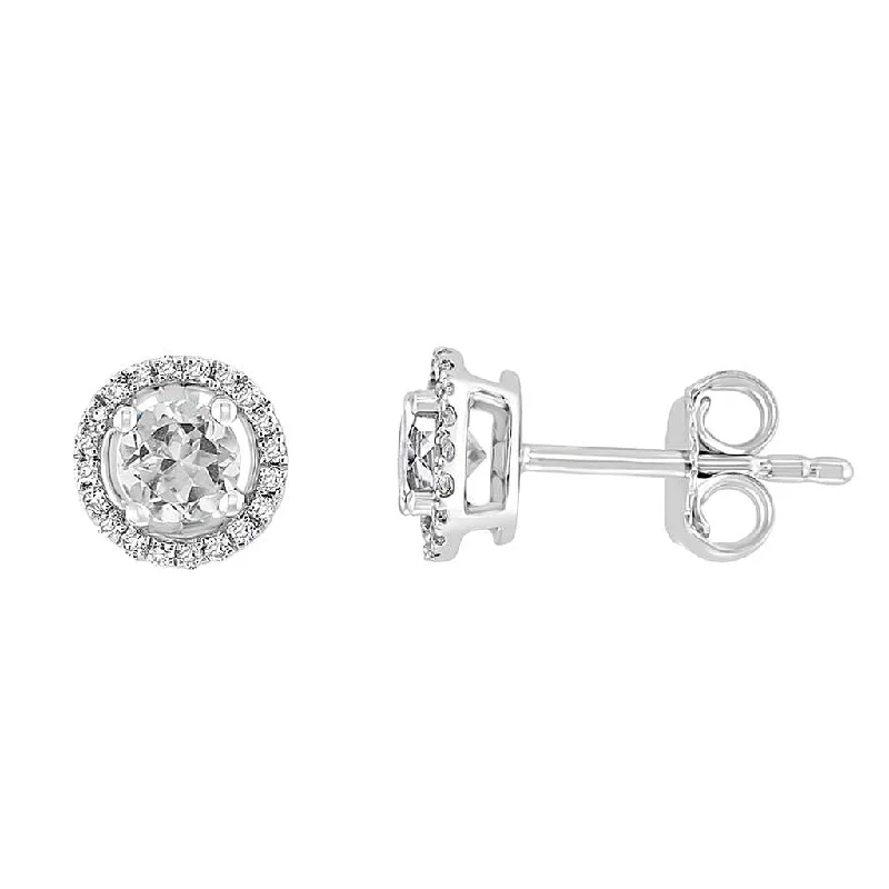 Delicate rose gold vine earrings for women -April Birthstone Earrings: 14K White Gold Diamond Halo White Topaz Earrings