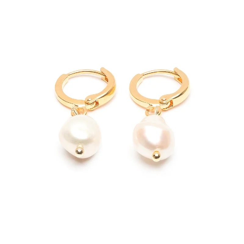 Ladies bold vine hoop earrings -Pearl Drop Huggie Hoops