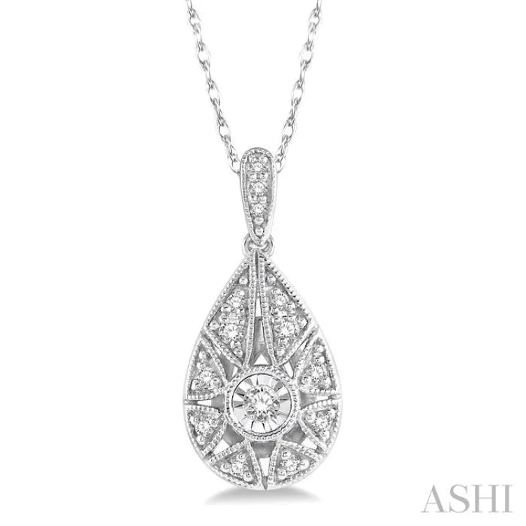 Simple diamond drop necklaces for women -1/8 Ctw Lattice Pear Shape Round Cut Diamond Pendant in 10K White Gold