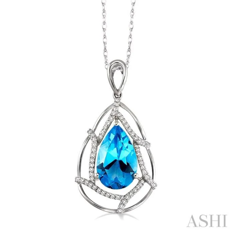 Trendy gemstone choker necklaces for ladies -10x7mm Pear Shape Blue Topaz and 1/5 Ctw Round Cut Diamond Pendant in 14K White Gold with Chain