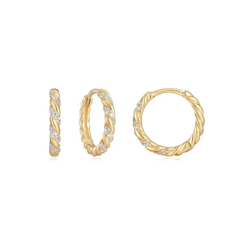 Trendy gold petal hoop earrings -14K Gold & Diamond Twisted Huggie Hoops