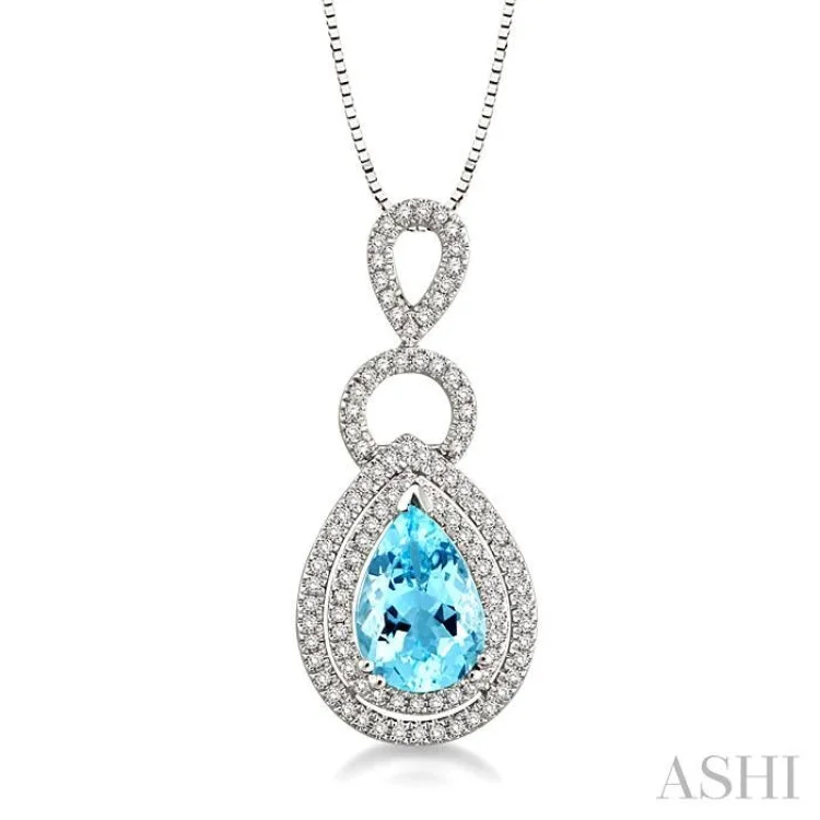 Modern silver heart necklaces for women -10x7mm Pear Shape Aquamarine and 1/3 Ctw Round Cut Diamond Pendant in 14K White Gold with Chain