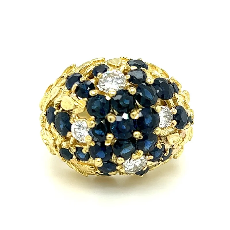 Elegant pearl halo engagement rings for ladies -Estate 18K Yellow Gold 2.70ctw Blue Sapphire & Diamond Cluster Flower Ring