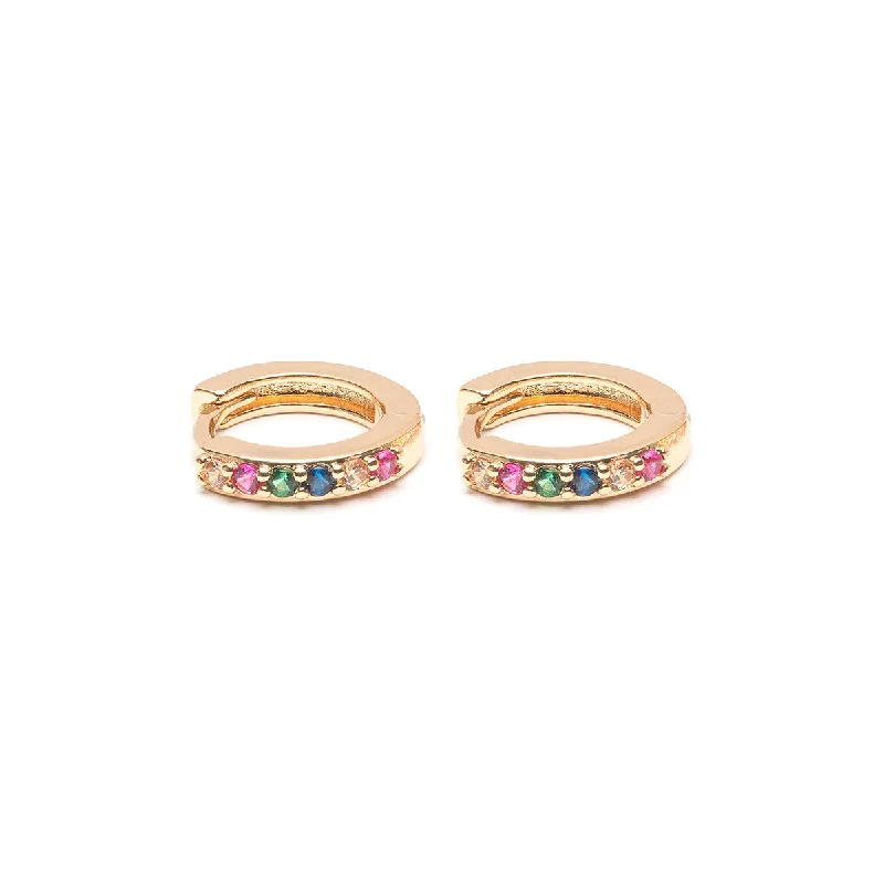 Ladies mixed gemstone earrings -Rainbow Pave Small Huggie Hoops