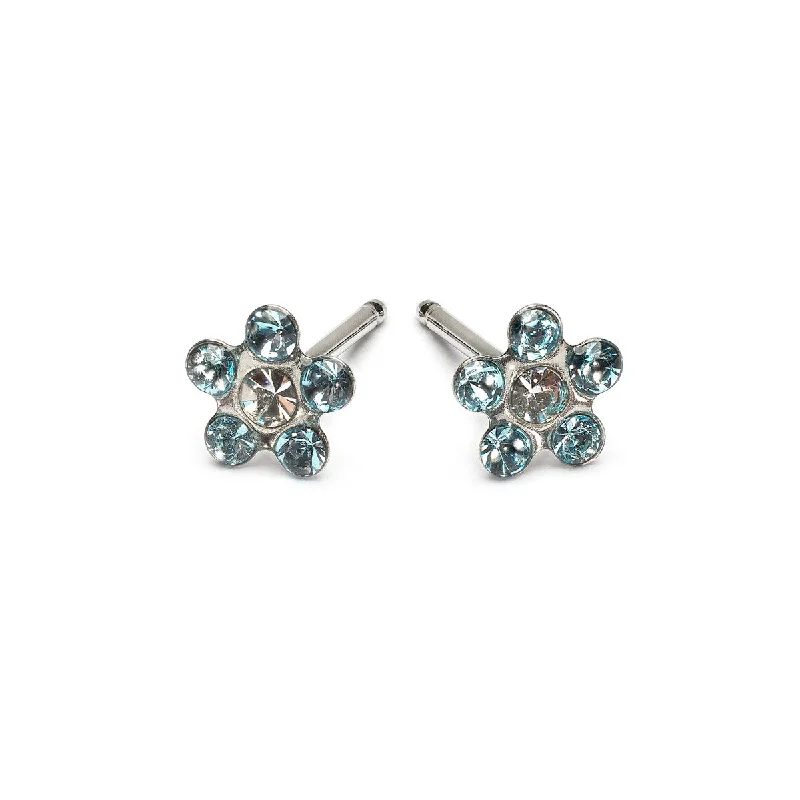 Modern gold arc stud earrings -14k White Gold Aquamarine & White Daisy Earrings