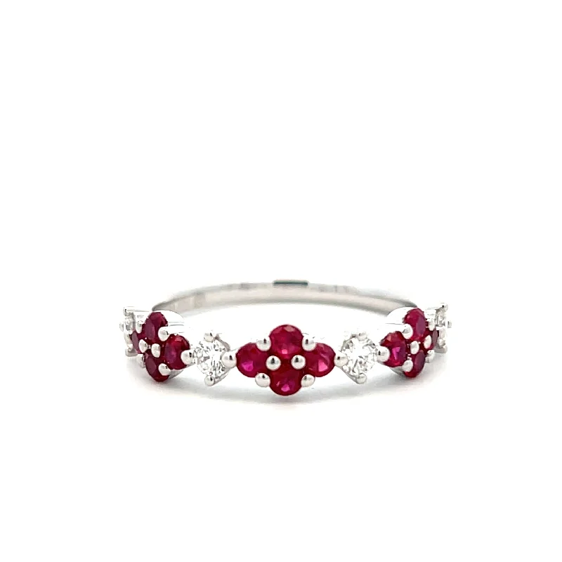 Ladies unique geometric spiral engagement rings -14K White Gold 0.70ctw Ruby & Diamond Floral Ring