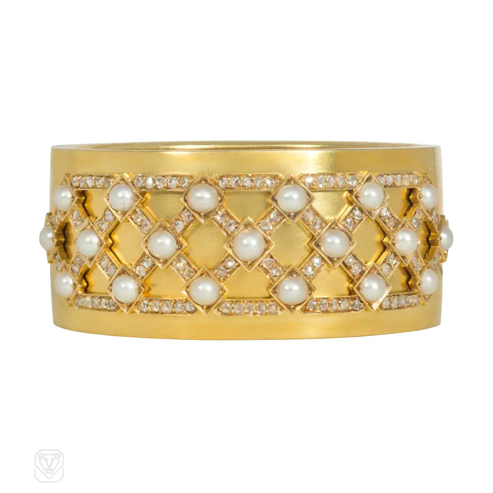 Ladies lightweight vine engagement rings -English antique pearl and diamond lattice cuff