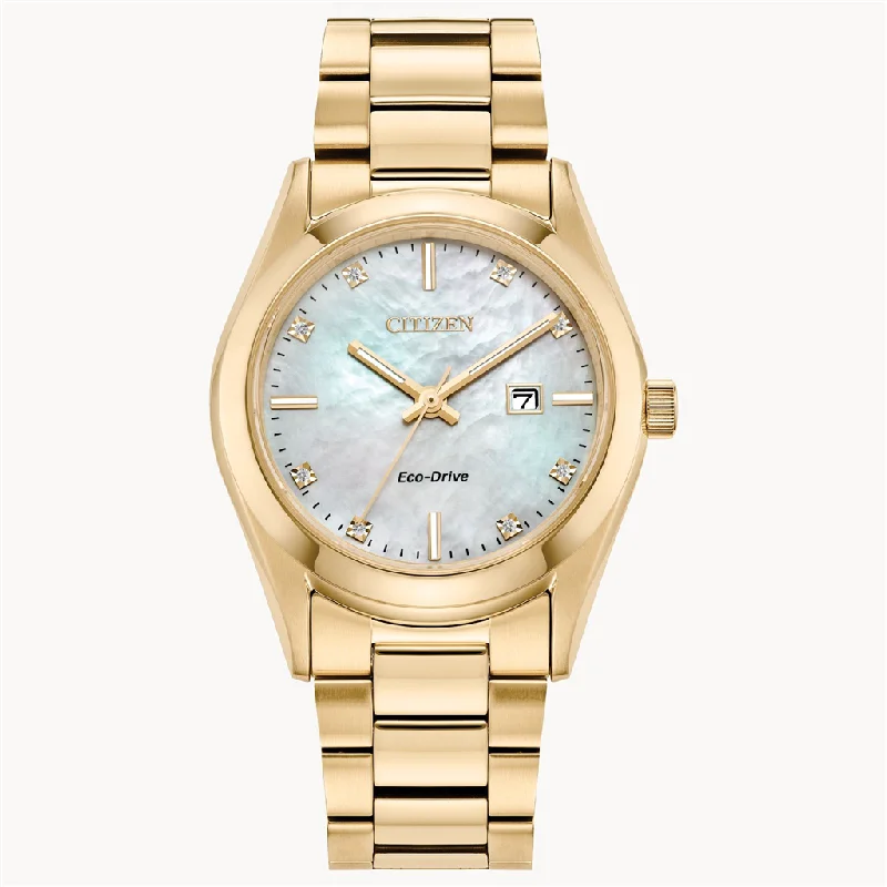 Ladies minimalist onyx engagement rings -Eco Drive Mother of Pearl Dial Sport Luxury Watch by Citizen with Diamond Accents