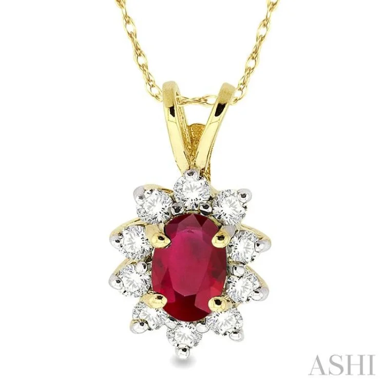 Vintage crystal pendant necklaces for ladies -6x4MM Oval Cut Ruby and 1/4 Ctw Round Cut Diamond Pendant in 14K Yellow Gold with Chain