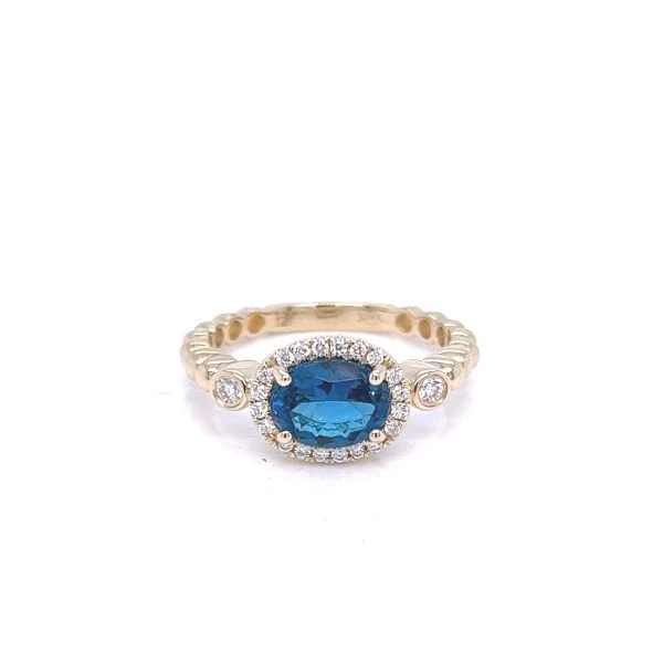 Trendy boho quartz engagement rings -14K Yellow Gold 1.68ctw Oval Blue Topaz & Diamond Halo Ring