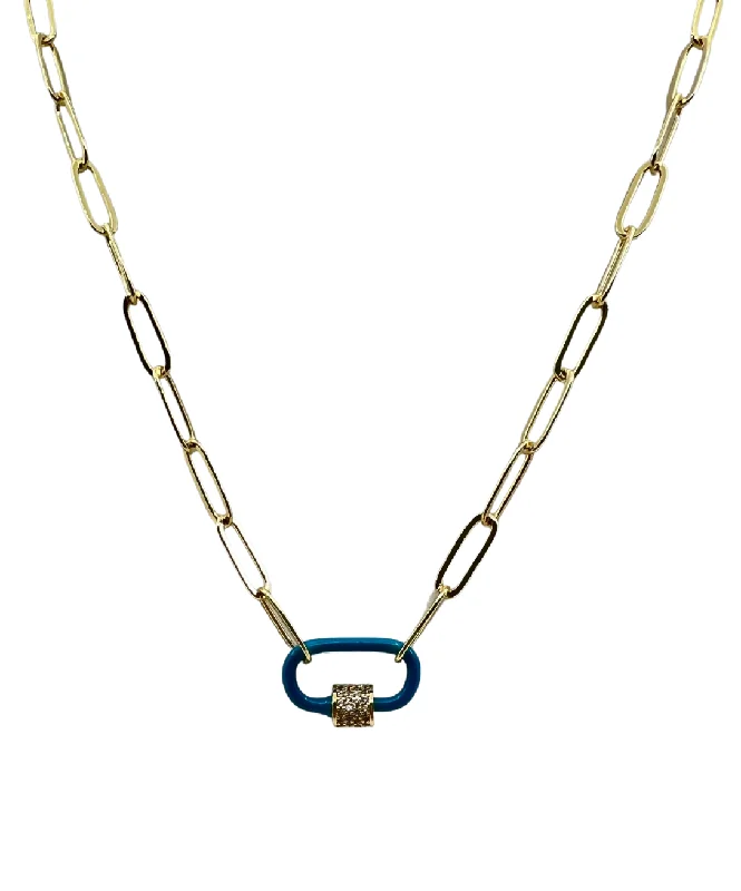 Ladies elegant garnet stone necklaces -Gold Paperclip Chain Link Necklace - Blue Carabiner