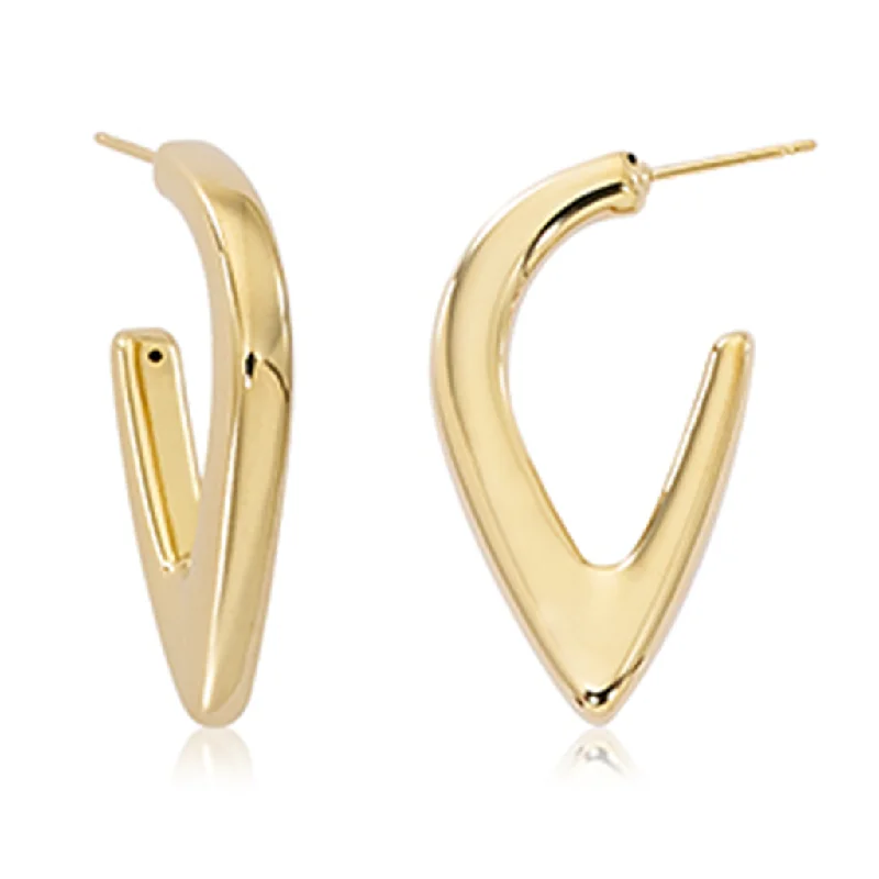 Trendy gemstone arch earrings -14K Yellow Gold Puffed V Hoop Earrings