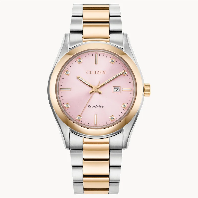 Trendy gemstone arch engagement rings -Eco Drive Pink Dial Sport Luxury Watch by Citizen with Diamond Accents