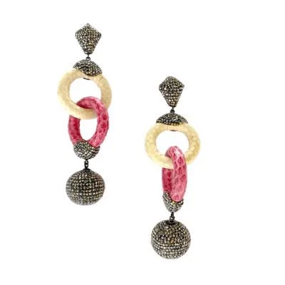 Ladies bold gold petal earrings -EARRING DOUBLE HOOP BEIGE PINK HEMATITE (BLACK RHODIUM PLATED)