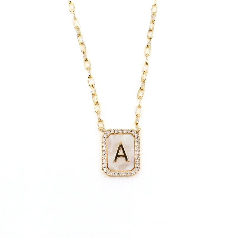 Classic pearl drop necklaces for women -Alphabet Letter Necklace - Mother of Pearl & Crystals Small Tag