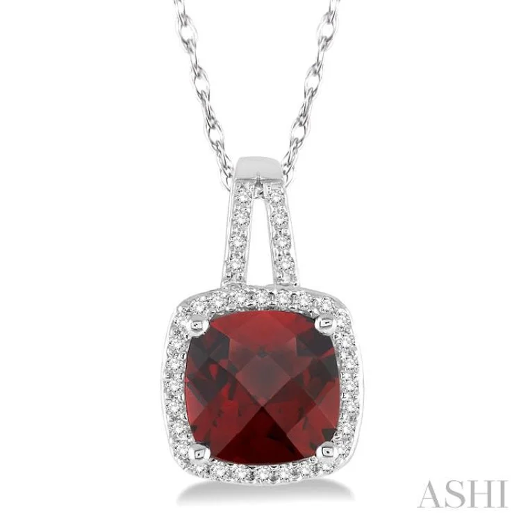 Ladies intricate filigree necklaces -8x8 MM Cushion Cut Garnet and 1/5 Ctw Round Cut Diamond Pendant in 10K White Gold with Chain