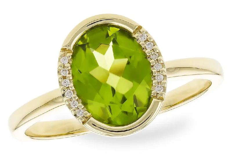 Ladies delicate ruby halo engagement rings -14K Yellow Gold 1.75ctw Oval Peridot & Diamond Half Halo Ring by Allison Kaufman