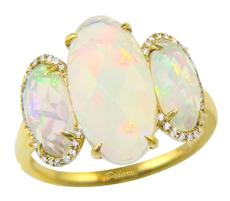 Ladies shimmering onyx engagement rings -14K Yellow Gold 4.82ctw Oval Opal & Diamond Three Stone Ring by Bellarri