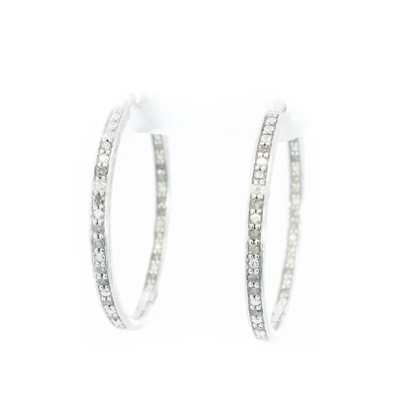 Ladies floral gold drop earrings -Sterling Silver 30Mm Round Inside Out Natural Diamonds Hoop Earrings