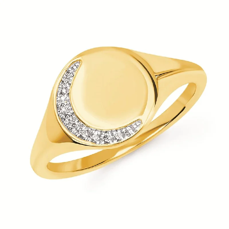 Trendy gold petal engagement rings -14K Yellow Gold 0.05ctw Diamond Crescent Moon Signet Ring