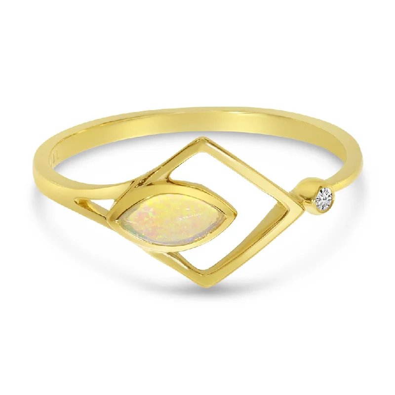 Classic gold spiral engagement rings for women -14K Yellow Gold Marquise Opal & Diamond Open Geometric Ring