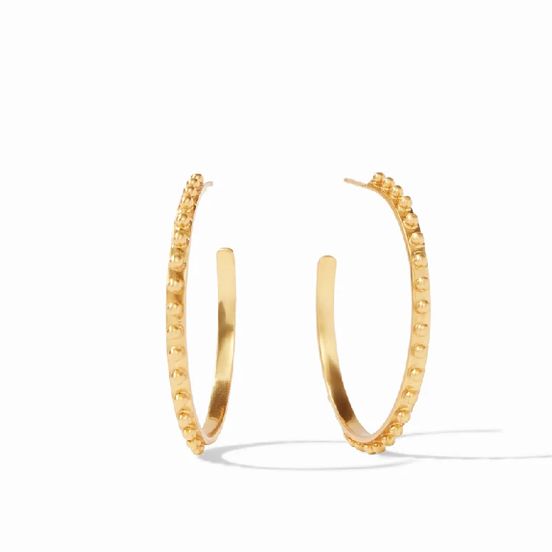 Ladies ornate filigree drop earrings -24K Yellow Gold Overlay 'Soho' Large Beaded Hammered Hoop Earrings