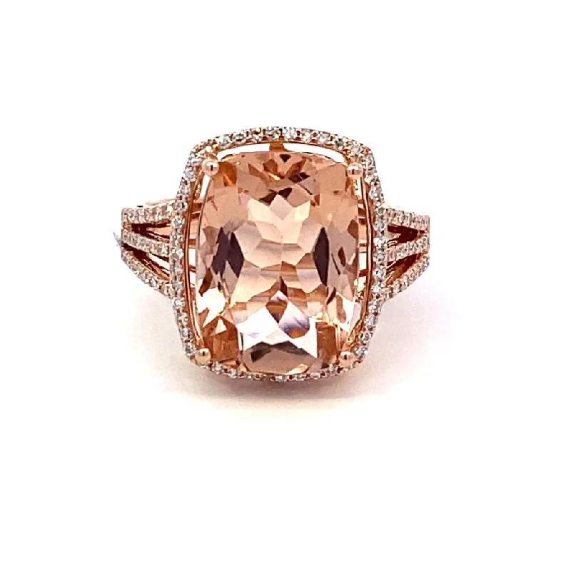 Ladies bold diamond petal engagement rings -14K Rose Gold 6.61ctw Cushion Morganite & Diamond Halo Ring