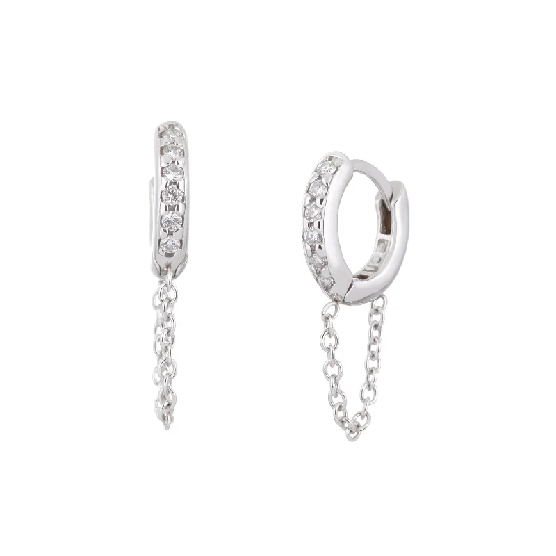 Simple diamond arch earrings for women -10Mm Diamond And 14K White Gold Huggie Hoops With Chain