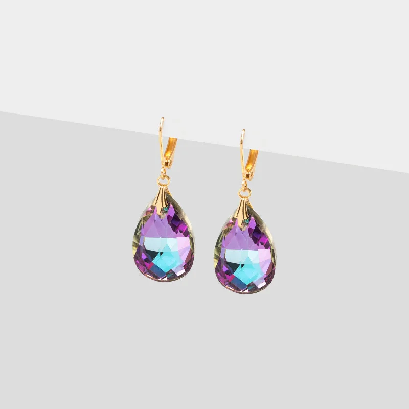 Ladies floral gold drop earrings -Purple & Blue Crystal Gold Earrings