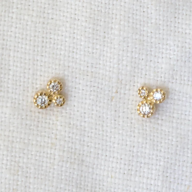 Simple rose gold petal drop earrings -Three Diamond Millgrain Studs