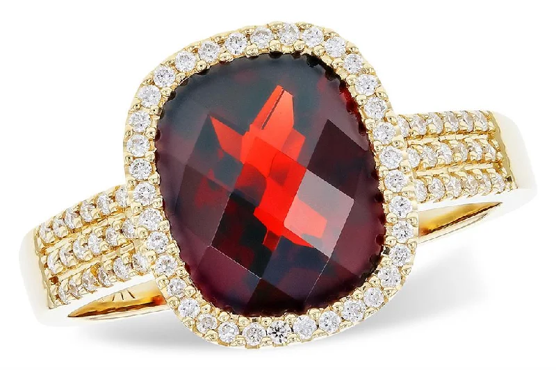 Vintage gold crescent engagement rings -14K Yellow Gold 3.43ctw Cushion Garnet & Diamond Halo Ring by Allison Kaufman