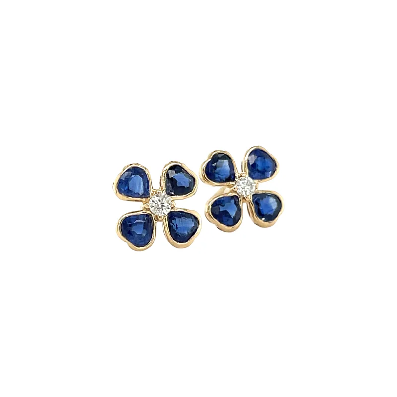 Modern diamond petal earrings for women -Blue Sapphire and Diamond Flower Studs