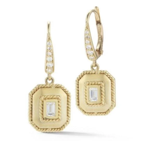 Modern geometric gold earrings for women -Penny Preville Satin Finish Emerald Cut Diamond Drop Earrings