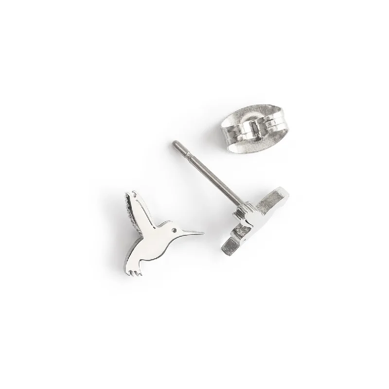 Trendy gemstone arch earrings -Silver Hummingbird Stud Earrings