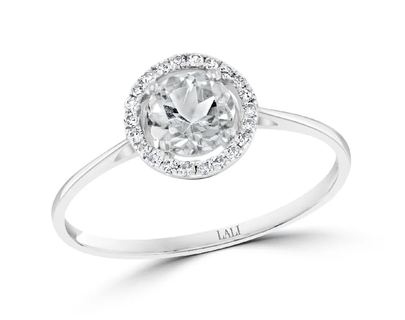 Bold statement jade engagement rings for women -14K White Gold 0.73ctw Round White Topaz & Diamond Halo Ring