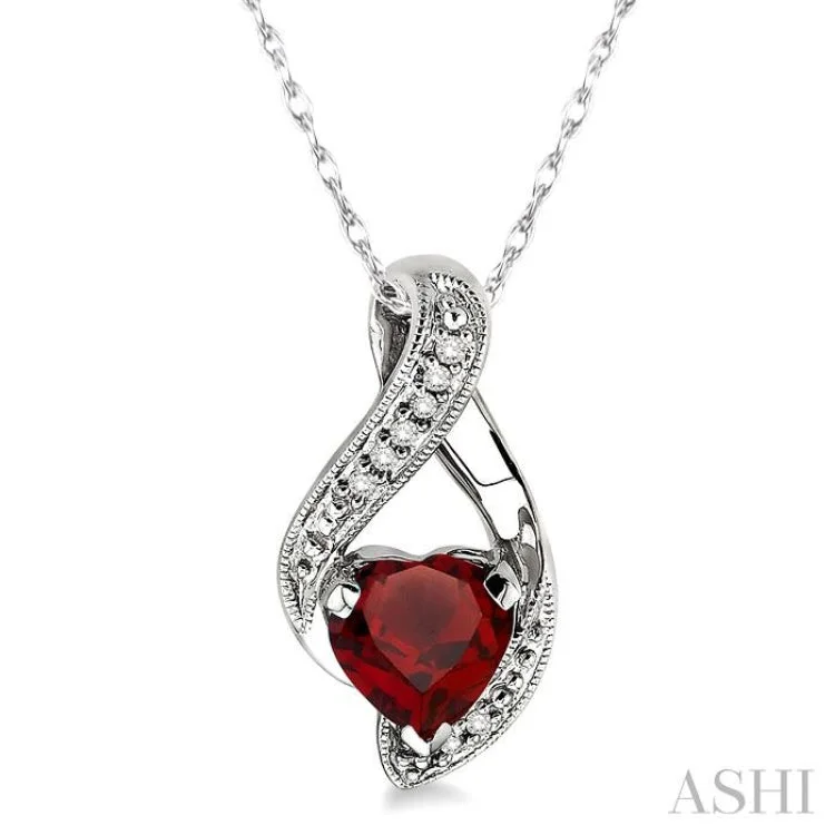 Delicate silver drop necklaces for ladies -7mm Heart Shape Garnet and 1/20 Ctw Single Cut Diamond Pendant in 14K White Gold with Chain