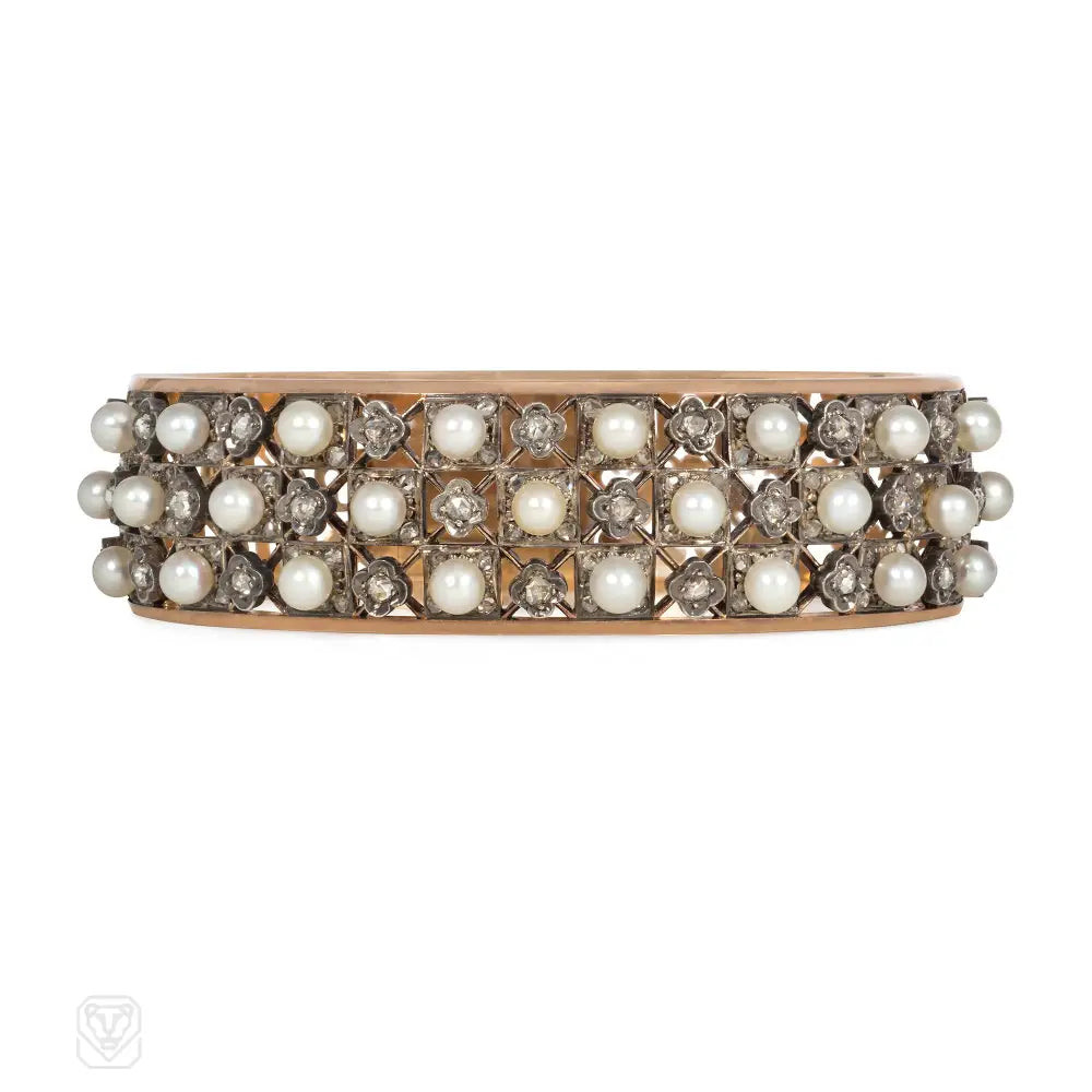 Ladies floral gold engagement rings -Antique French pearl and diamond lattice lace cuff