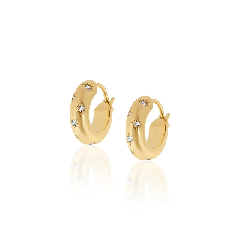 Simple silver crescent earrings -14K Yellow Gold Overlay Starburst Huggie Earrings With White Zircon