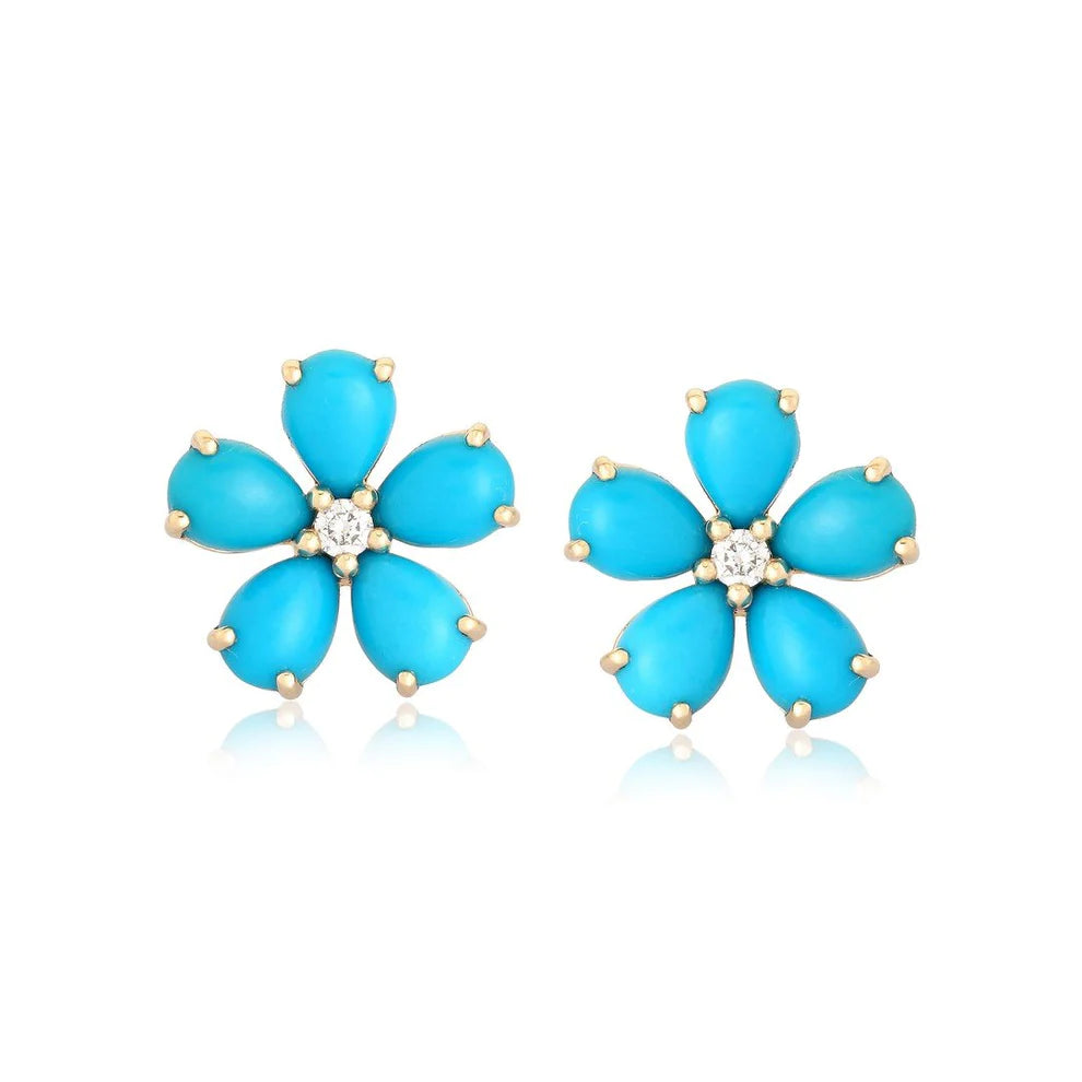 Ladies vintage-style spiral earrings -Turquoise & Diamond Flower Studs