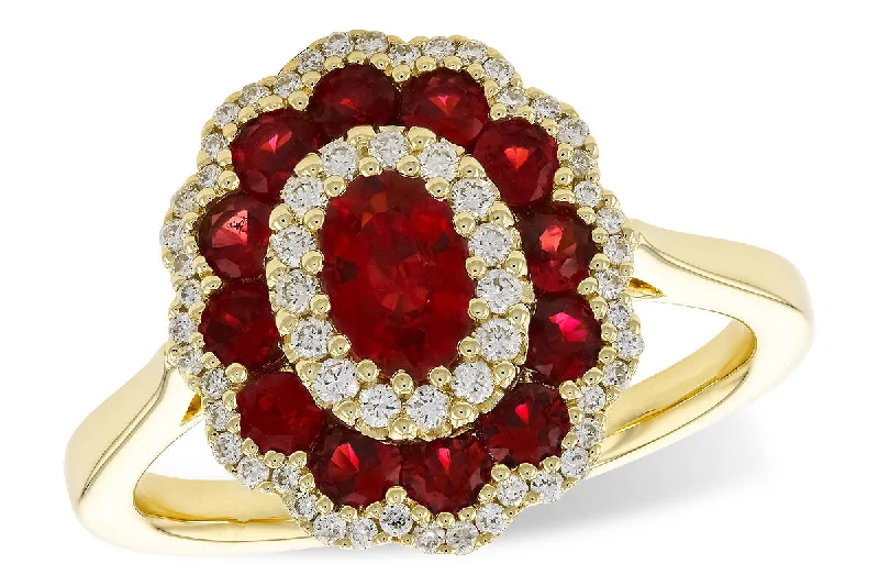 Ladies tribal-inspired engagement rings -14K Yellow Gold 1.52ctw Oval Ruby & Diamond Flower Halo Ring by Allison Kaufman