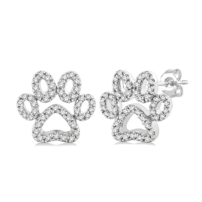 Simple diamond arch earrings for women -10K White Gold Paw Print Diamond Earrings