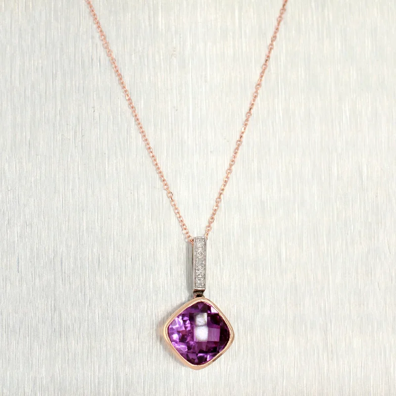 Ladies vintage-inspired layered necklaces -Vintage Square Amethyst & Diamond Pendant - 14k Rose Gold Necklace - 18"