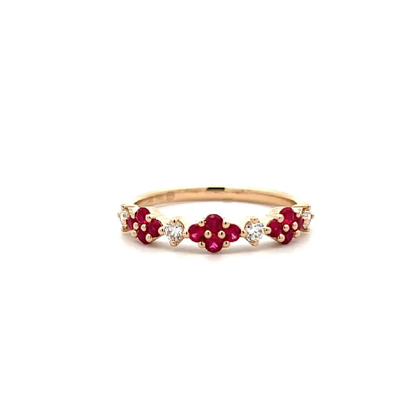 Minimalist silver halo engagement rings for women -14K Yellow Gold 0.51ctw Round Ruby & Diamond Floral Ring