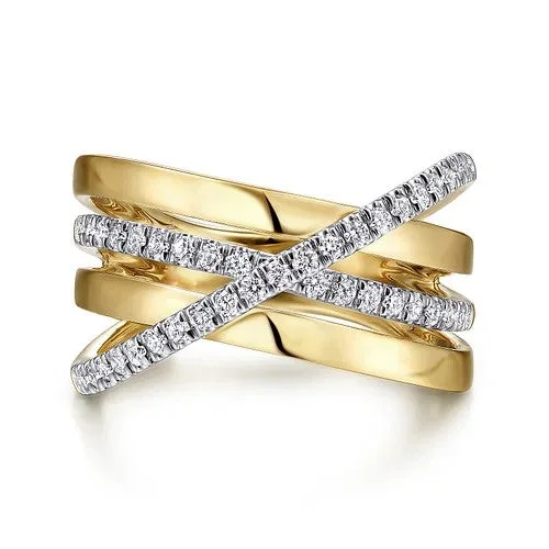 Vintage gold crescent engagement rings -14K White-Yellow Gold Polished Band and Diamond Row Criss Cross Ring