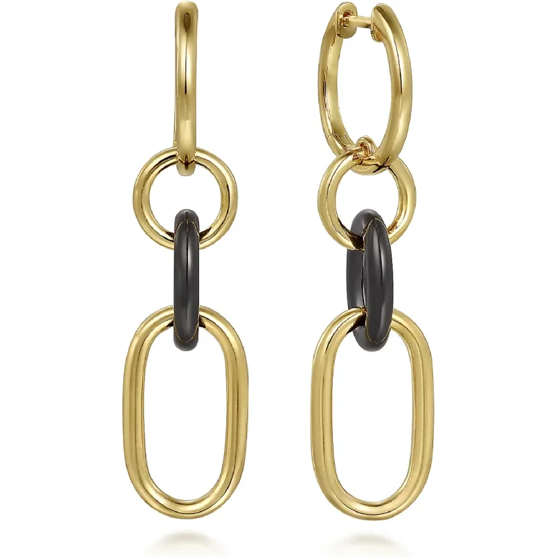 Ladies unique geometric hoop earrings -Gabriel 14K Yellow Gold Hollow Tube & Black Oval Ceramic Earrings