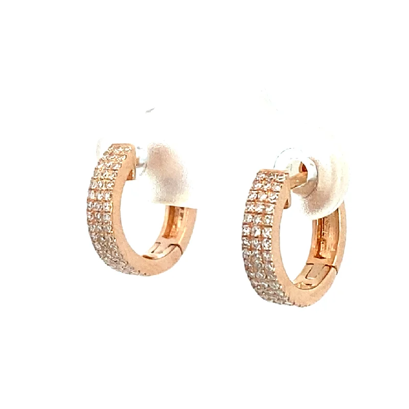 Ladies elegant ruby petal earrings -14K Rose Gold Three Row Diamond Pavé Huggie Earrings