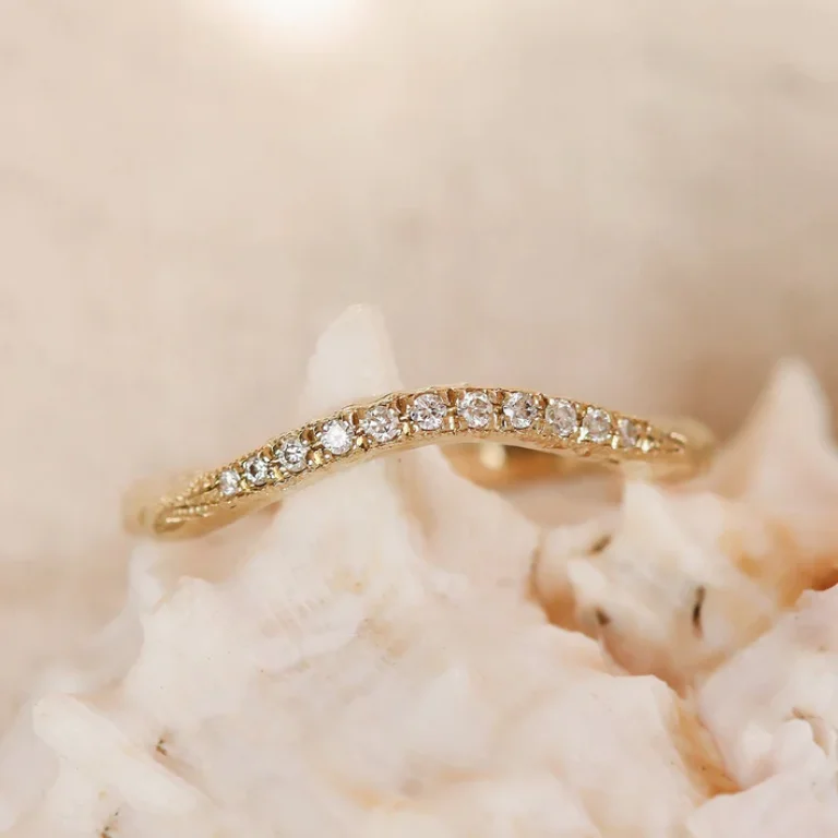 Vintage crystal arch engagement rings -Gold Textured Diamond Milgrain Contour Band